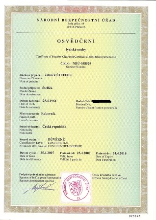 Certifikát od NBÚ - Stupeň utajení: Důvěrné