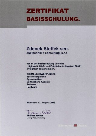Certifikát od firmy SimonsVoss - Basis