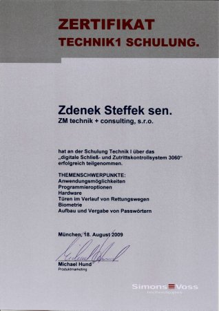 Certifikát od firmy SimonsVoss - Technik 1
