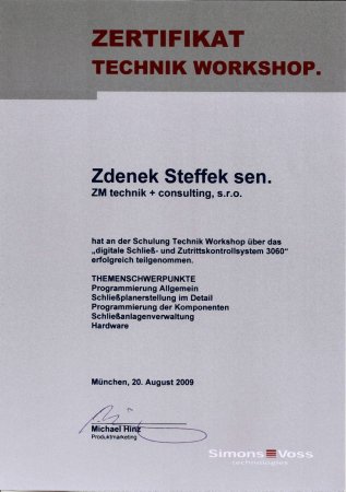 Certifikát od firmy SimonsVoss - Technik 2
